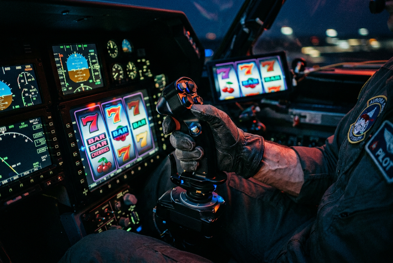 Pilot's hand on flight controls with casino reflections.