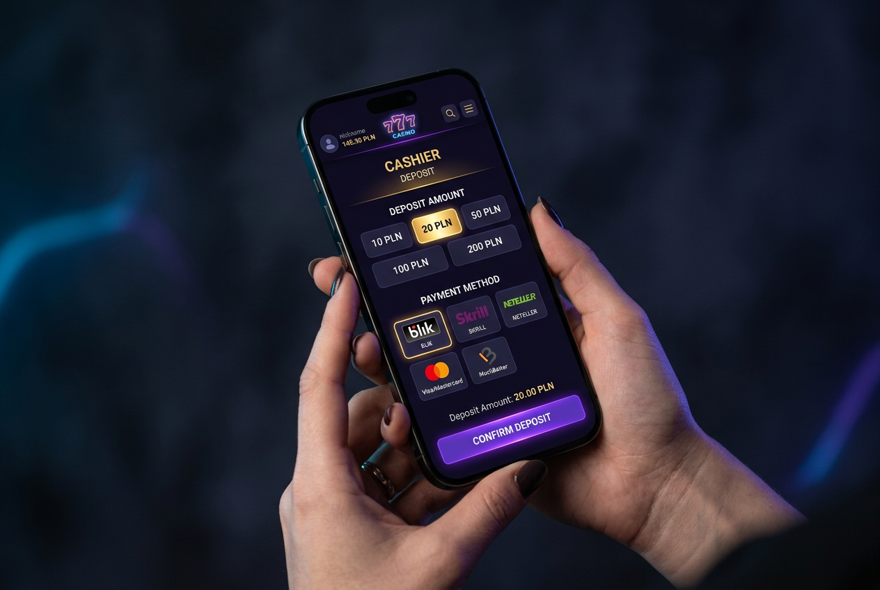Modern smartphone showing a casino payment screen with low deposit options like BLIK and e-wallets.